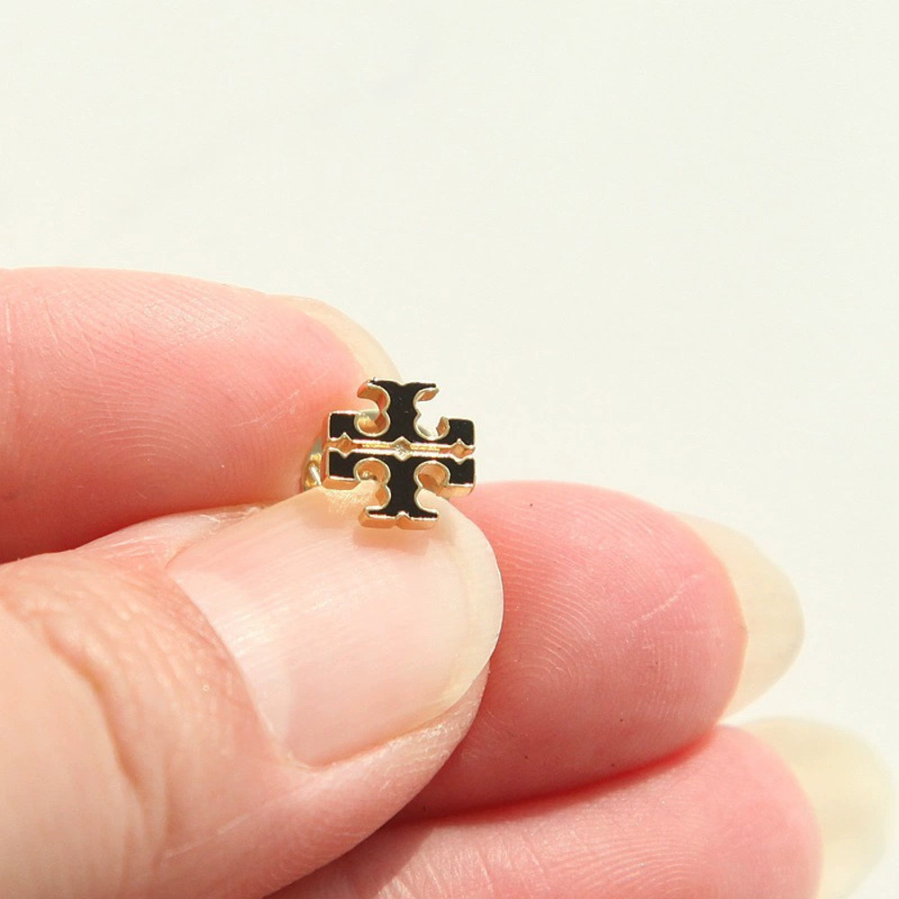 Tory Burch Series Black Enamel Double Small Logo Stud Earrings